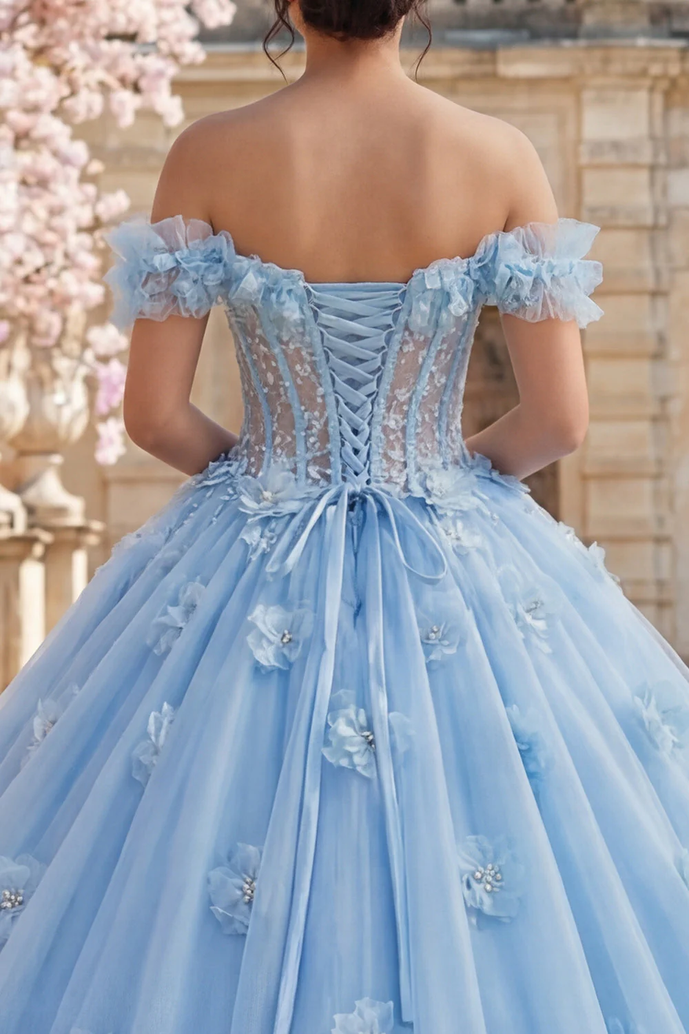 Robe de bal dénudée avec corset perles bleues Corset Quinceañera avec des fleurs 3D - Image 4