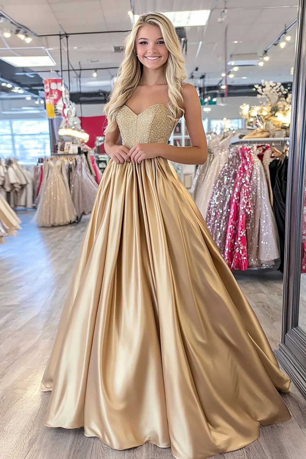 Robe de bal dorée scintillante en cœur d’une ligne avec plis