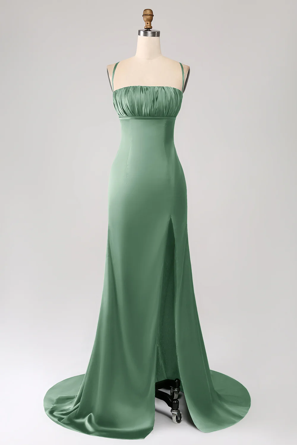 Robe de bal en satin à bretelles spaghetti sirène vert foncé avec plissée - Image 19