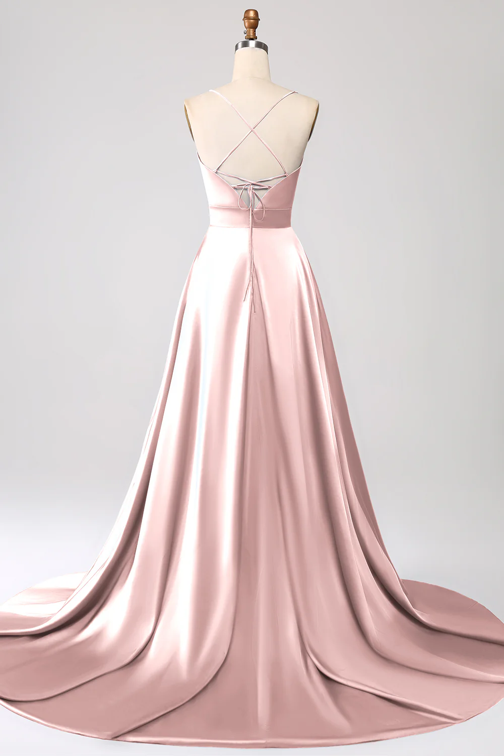Robe de bal en satin bleu royal à bretelles spaghetti avec fente - Image 16