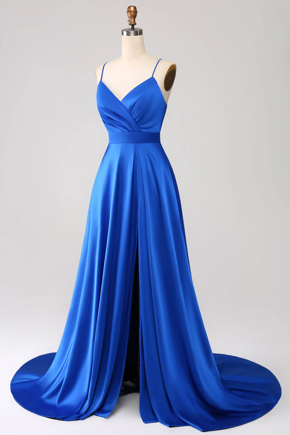 Robe de bal en satin bleu royal à bretelles spaghetti avec fente - Image 3