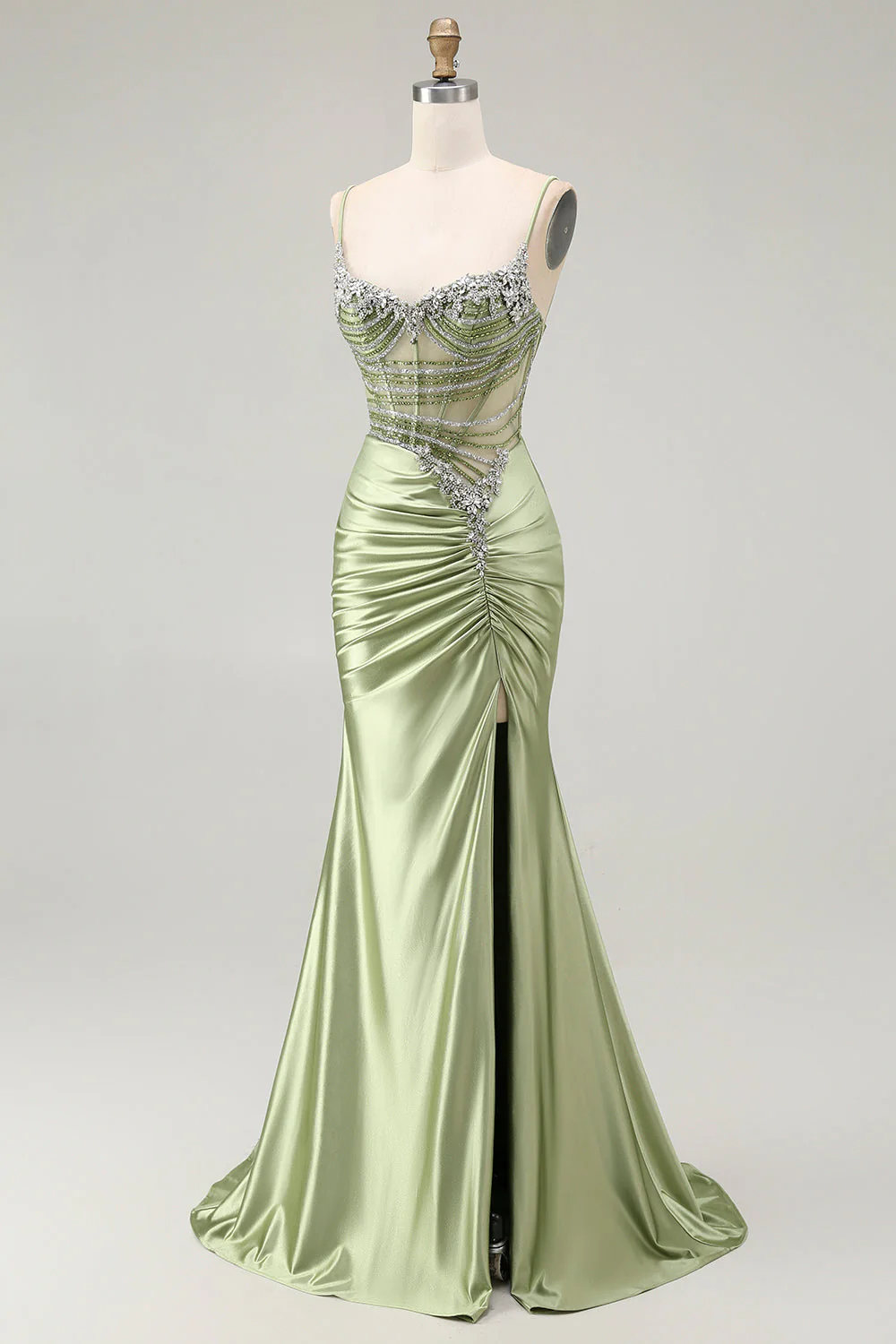 Robe de soirée en satin froncé corset sirène verte avec fente - Image 5