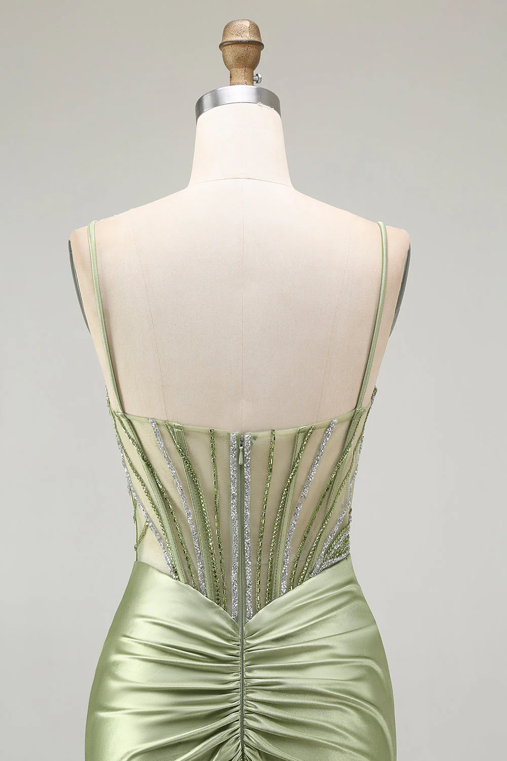 Robe de soirée en satin froncé corset sirène verte avec fente - Image 7