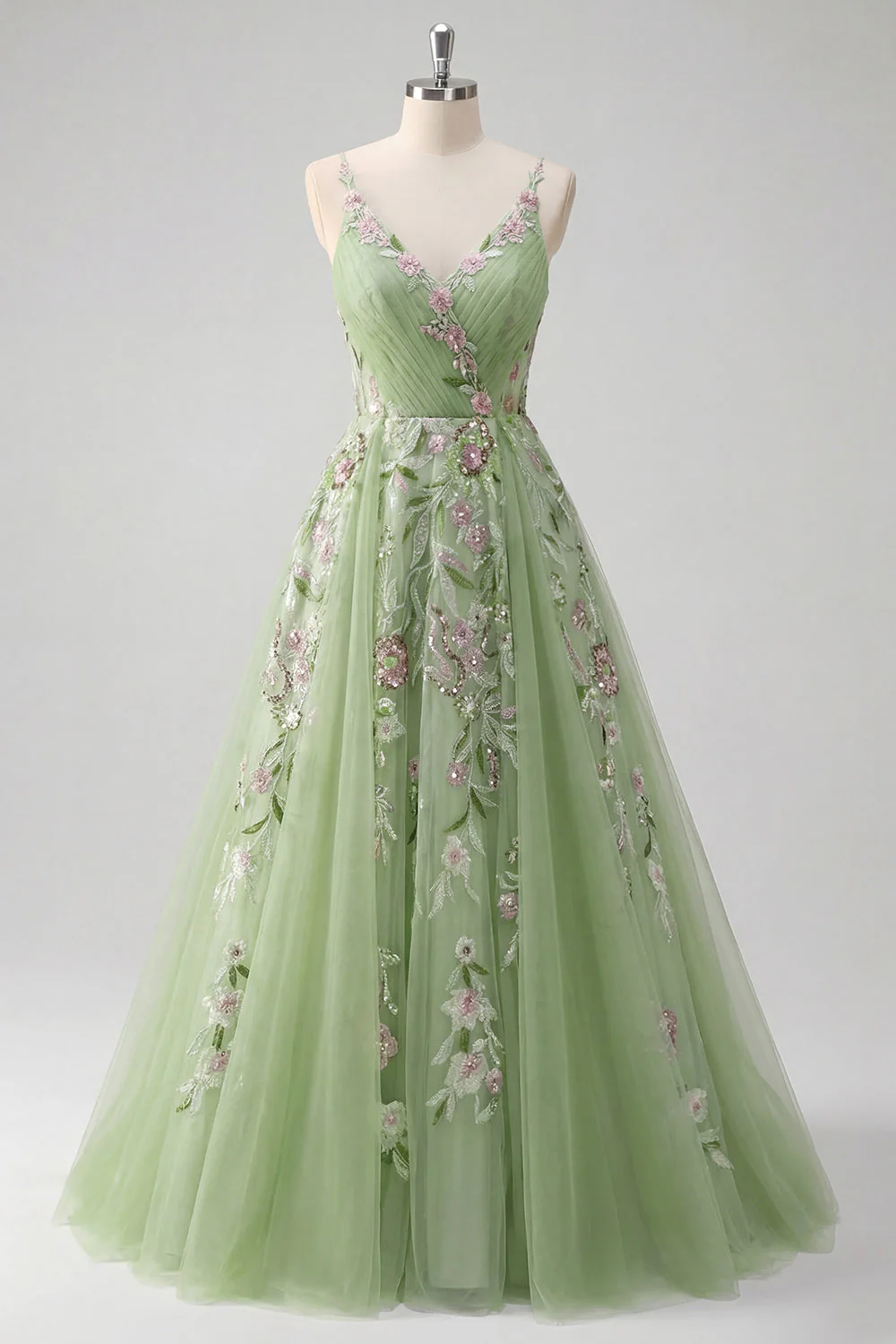 Robe de bal en tulle à bretelles fines vertes à bretelles fines florales A Line
