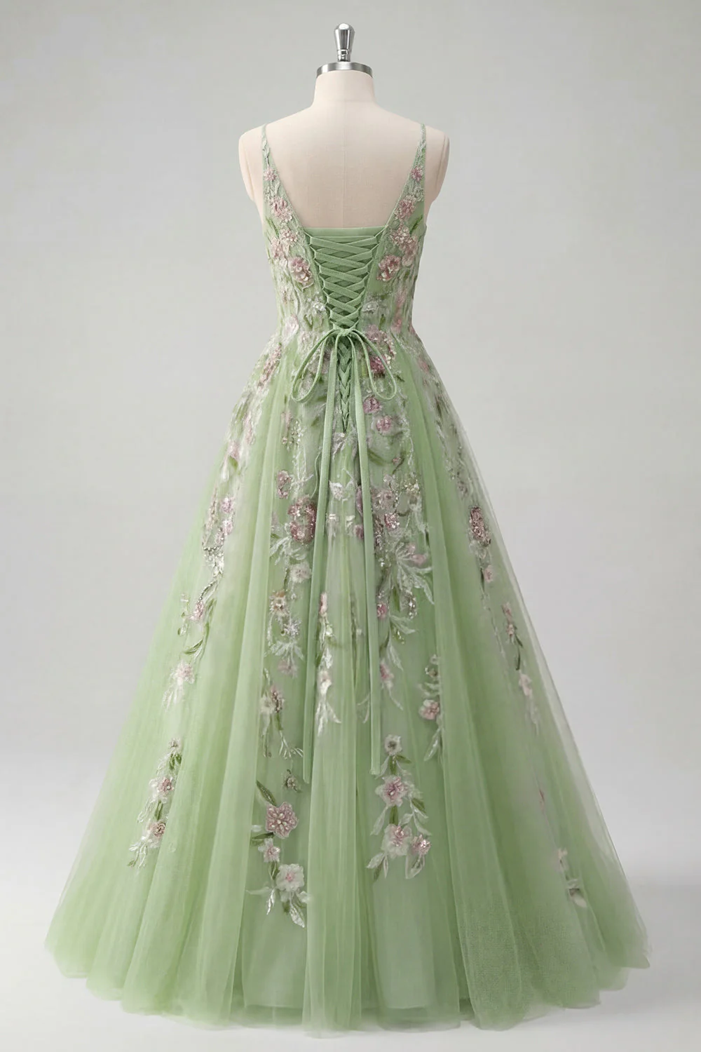 Robe de bal en tulle à bretelles fines vertes à bretelles fines florales A Line - Image 2