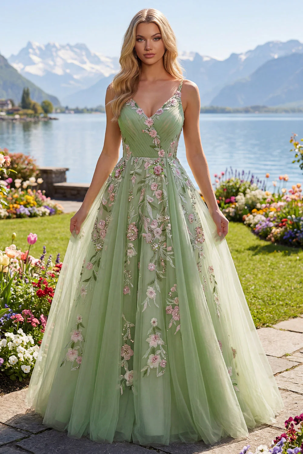 Robe de bal en tulle à bretelles fines vertes à bretelles fines florales A Line - Image 3