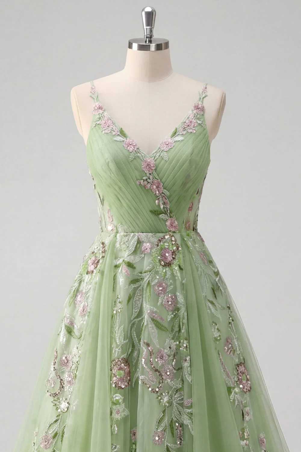 Robe de bal en tulle à bretelles fines vertes à bretelles fines florales A Line - Image 5