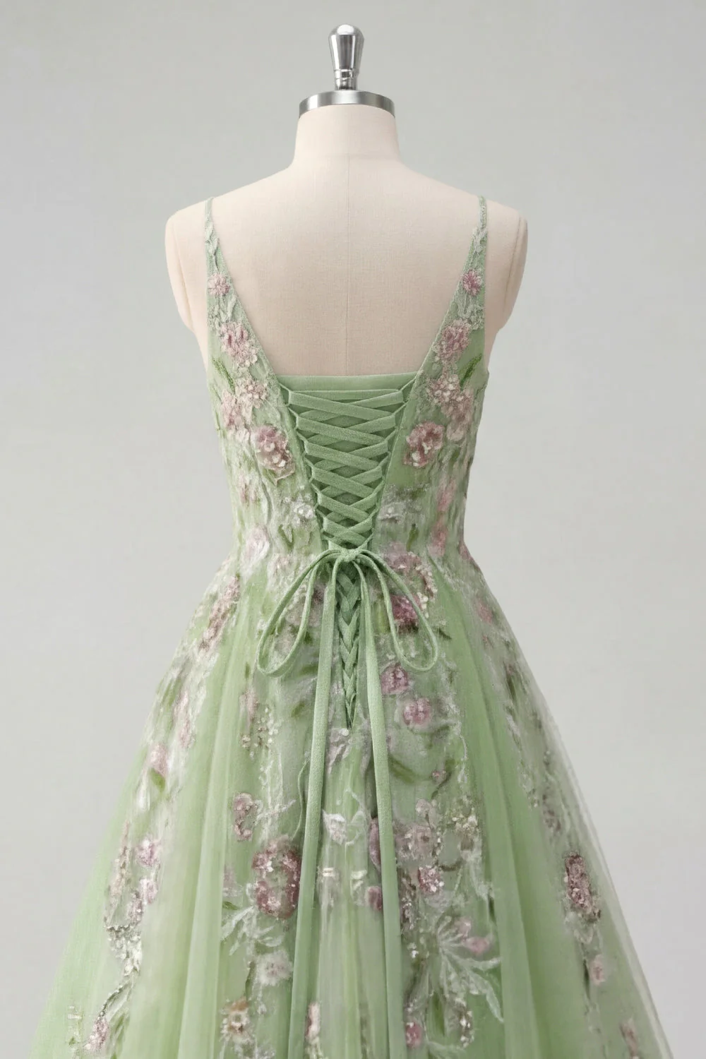 Robe de bal en tulle à bretelles fines vertes à bretelles fines florales A Line - Image 6