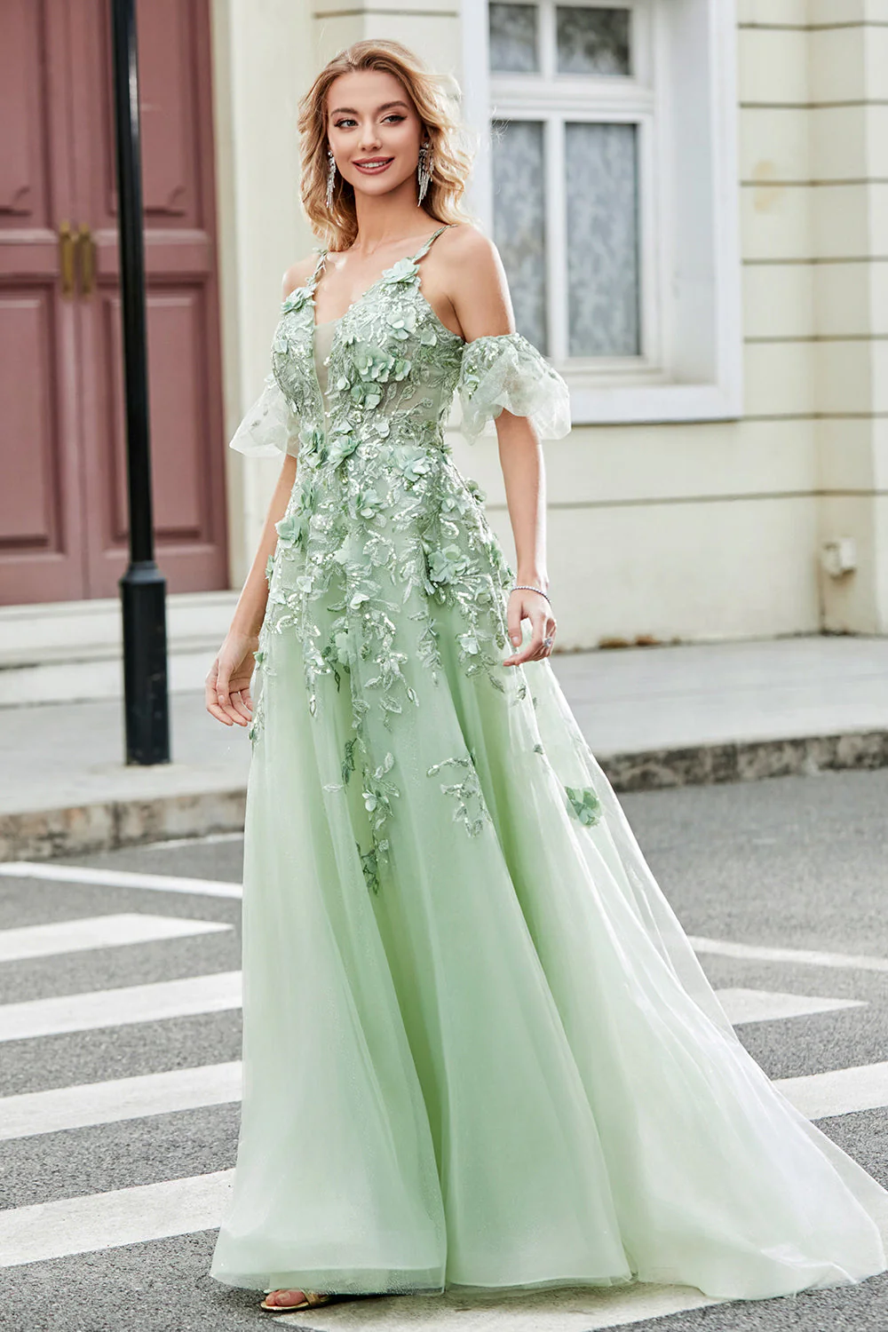 Robe de soirée en tulle à manches amovibles vertes avec appliques - Image 3