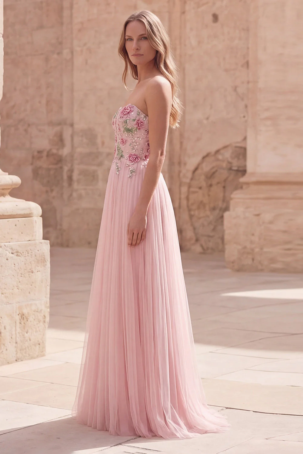 Robe de bal en tulle appliqué en ligne A rose scintillante avec perles - Image 3