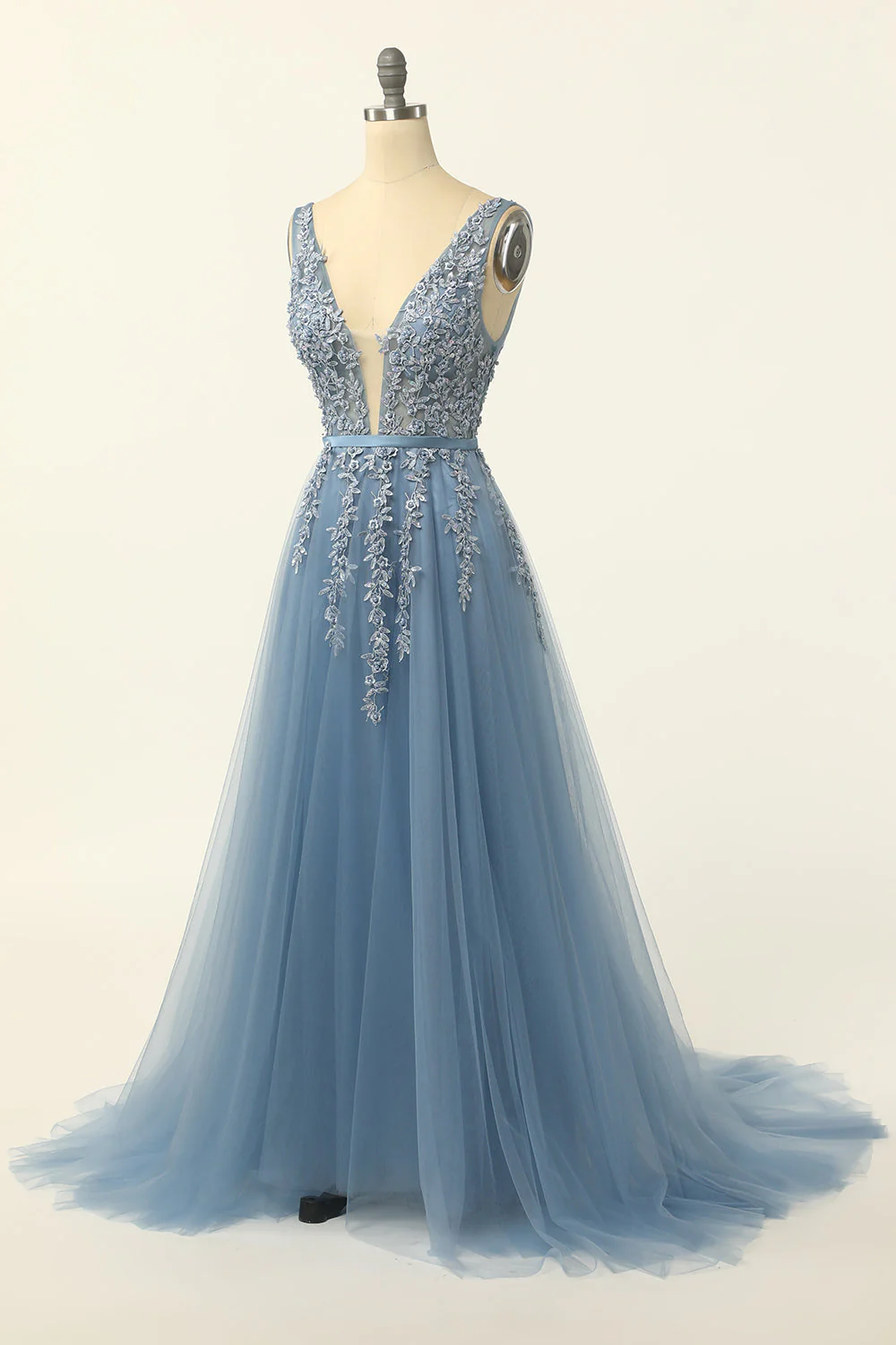 Robe de bal en tulle bleu avec appliques - Image 5