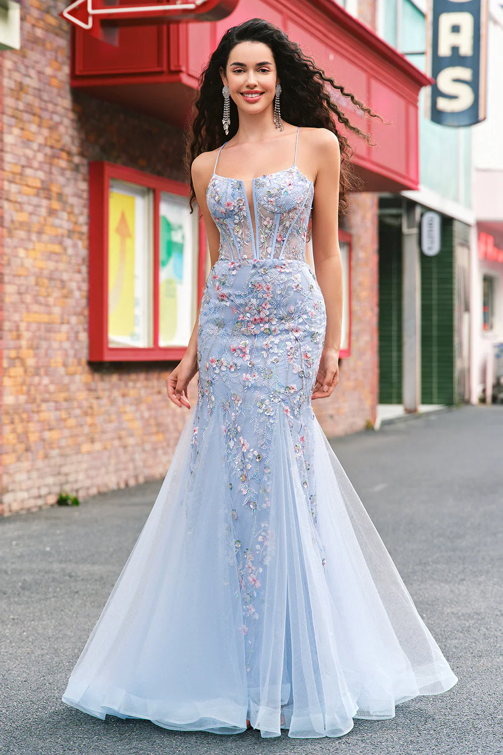 Robe De Soirée en tulle bleu clair perlée sirène sirène à bretelles spaghetti - Image 5
