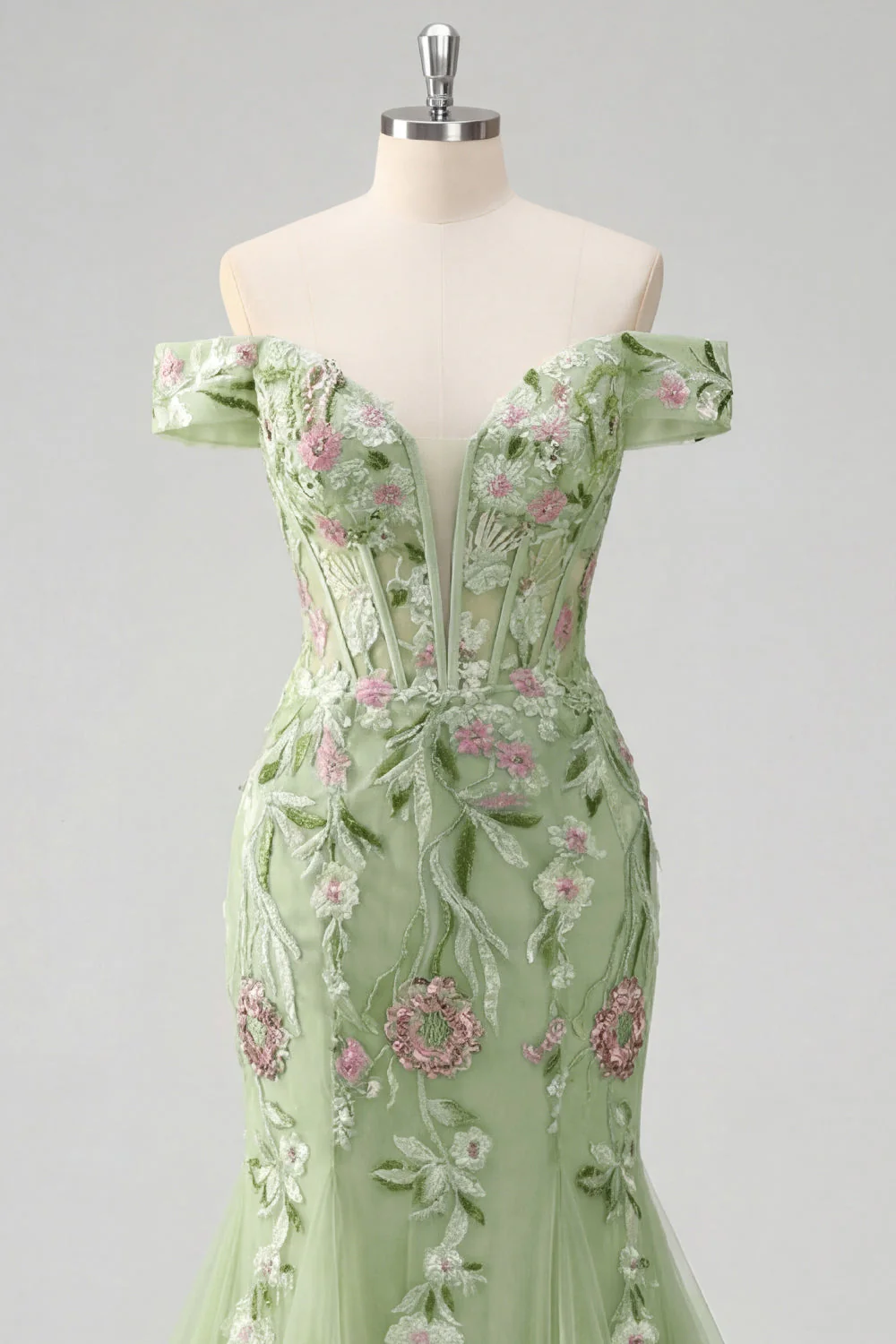 Robe de bal en tulle brodée en sirène verte à épaules dénudées - Image 5