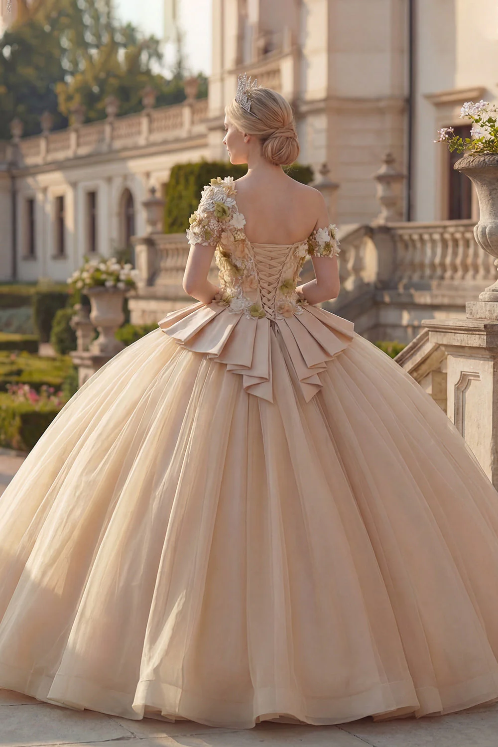 Robe de bal florale champagne, robe quinceañera appliquée à une épaule - Image 2