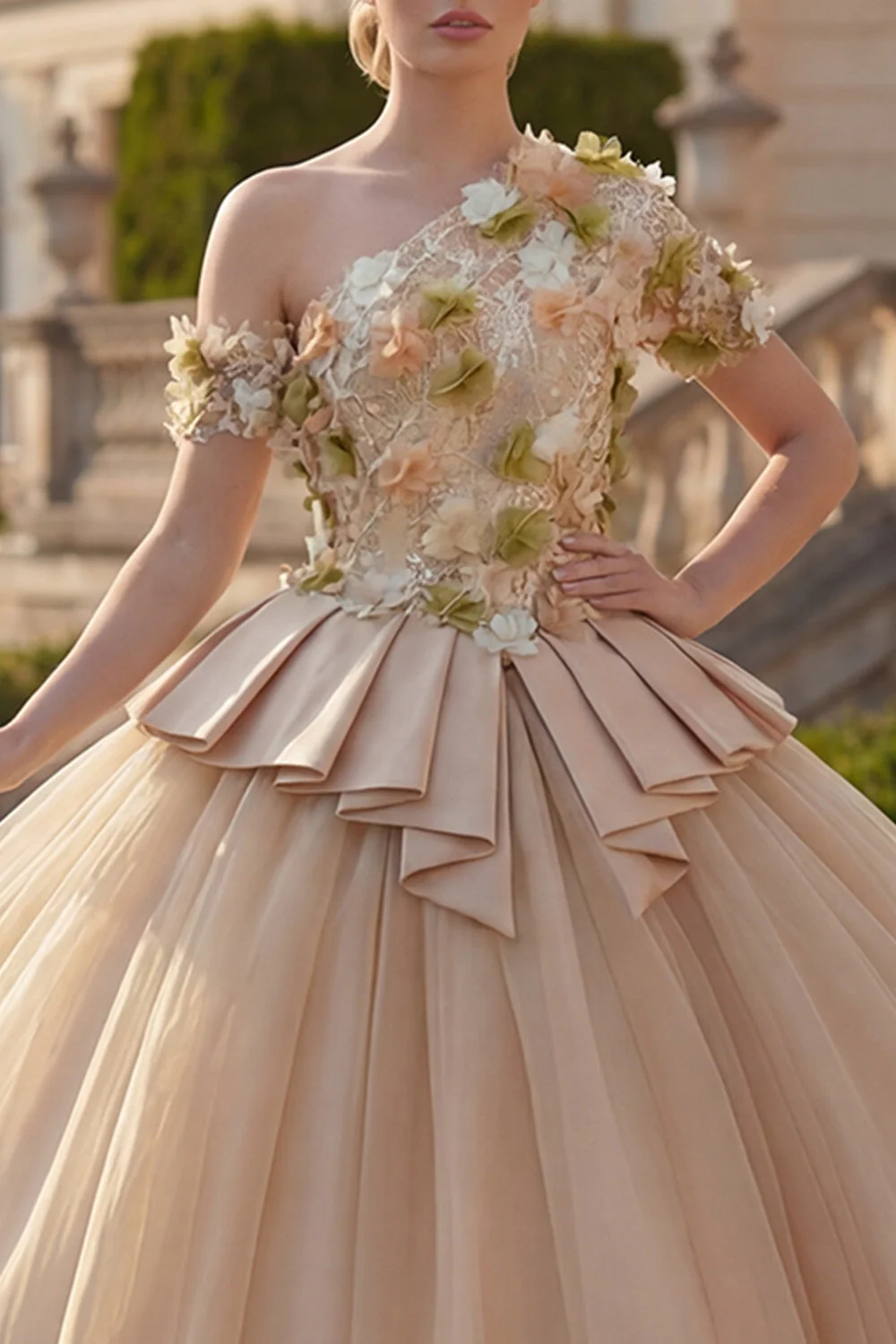 Robe de bal florale champagne, robe quinceañera appliquée à une épaule - Image 3