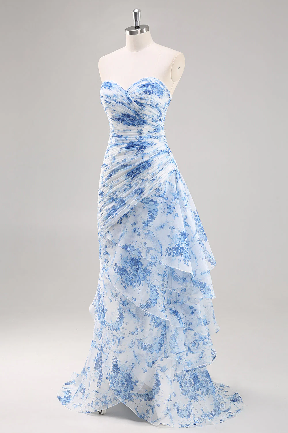 Robe de soirée florale sirène blanche et bleue - Image 3