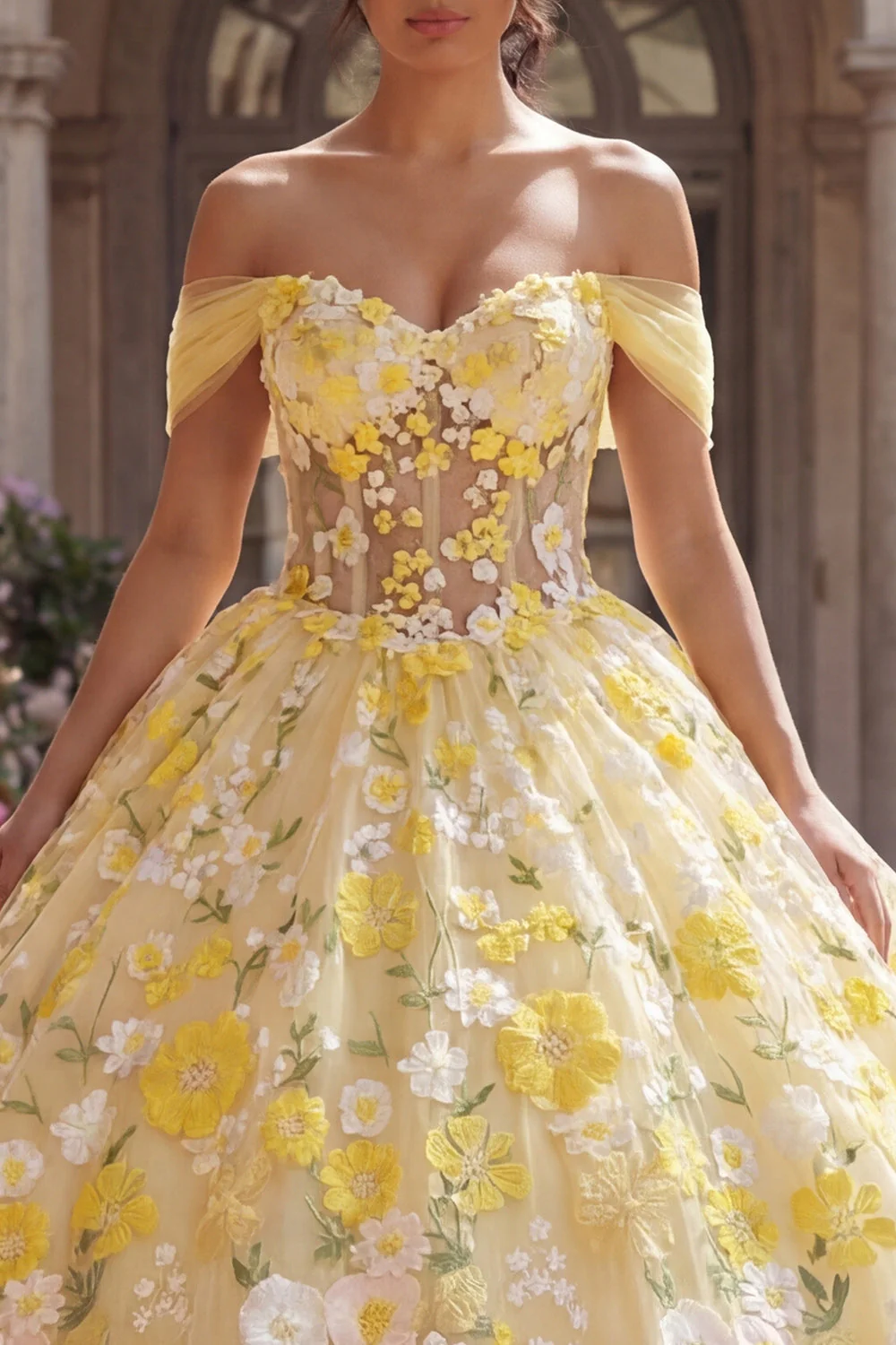 Robe de bal jaune corset décollé à l’épaule avec appliques, robe quinceañera - Image 3