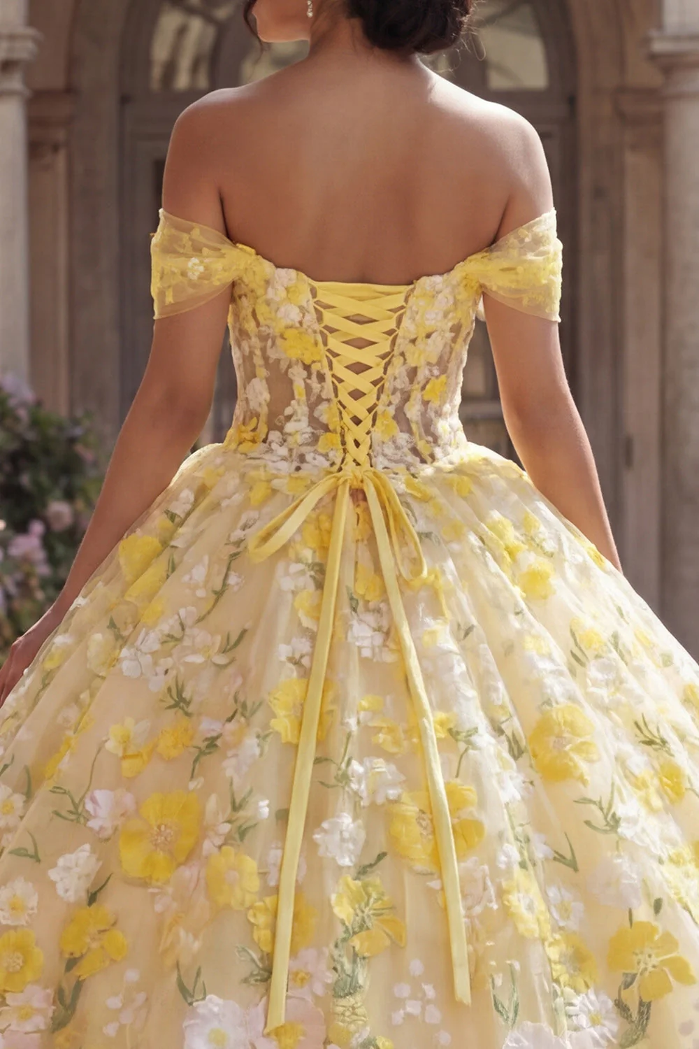 Robe de bal jaune corset décollé à l’épaule avec appliques, robe quinceañera - Image 4
