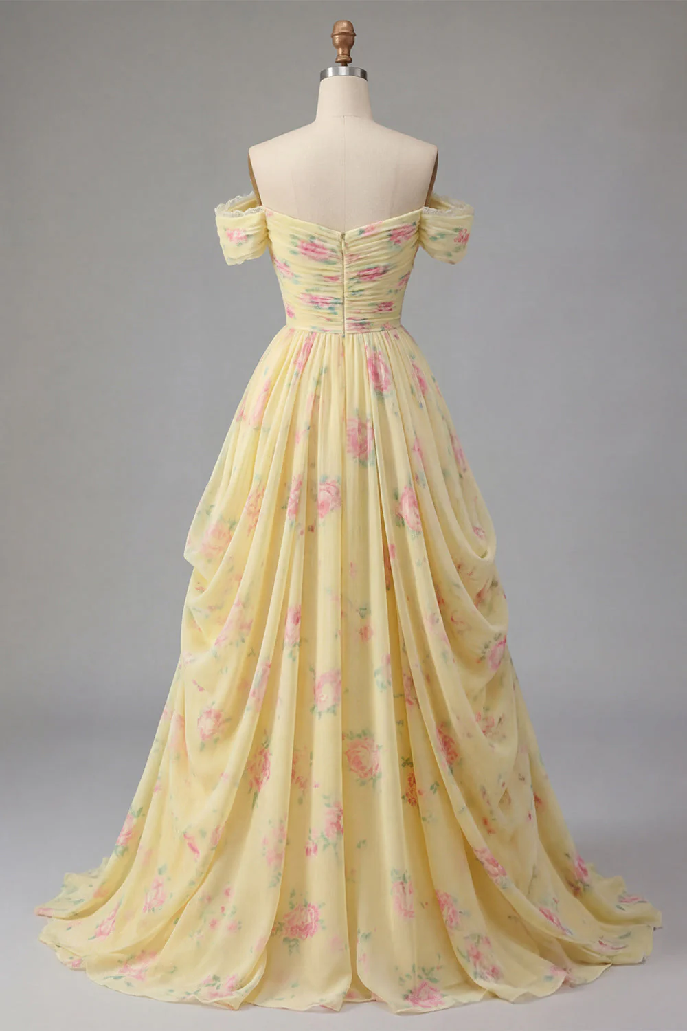 Robe de bal longue jaune ligne A épaules froncées imprimé floral - Image 2