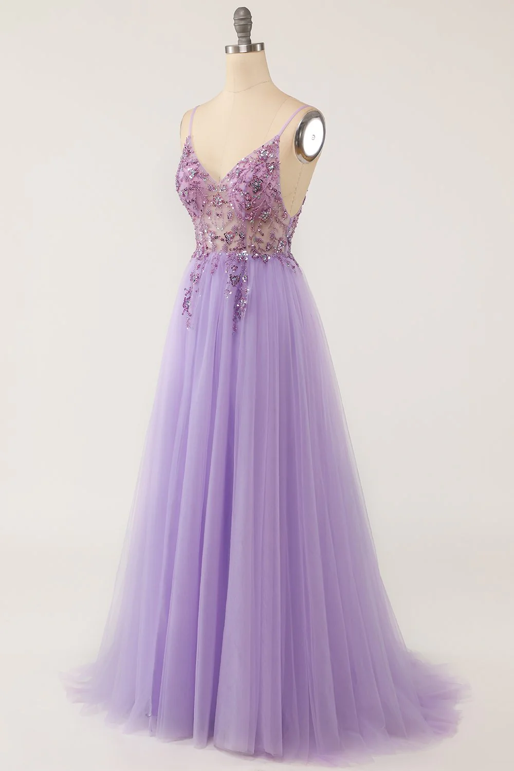 Robe de bal long tulle perlé violet - Image 4