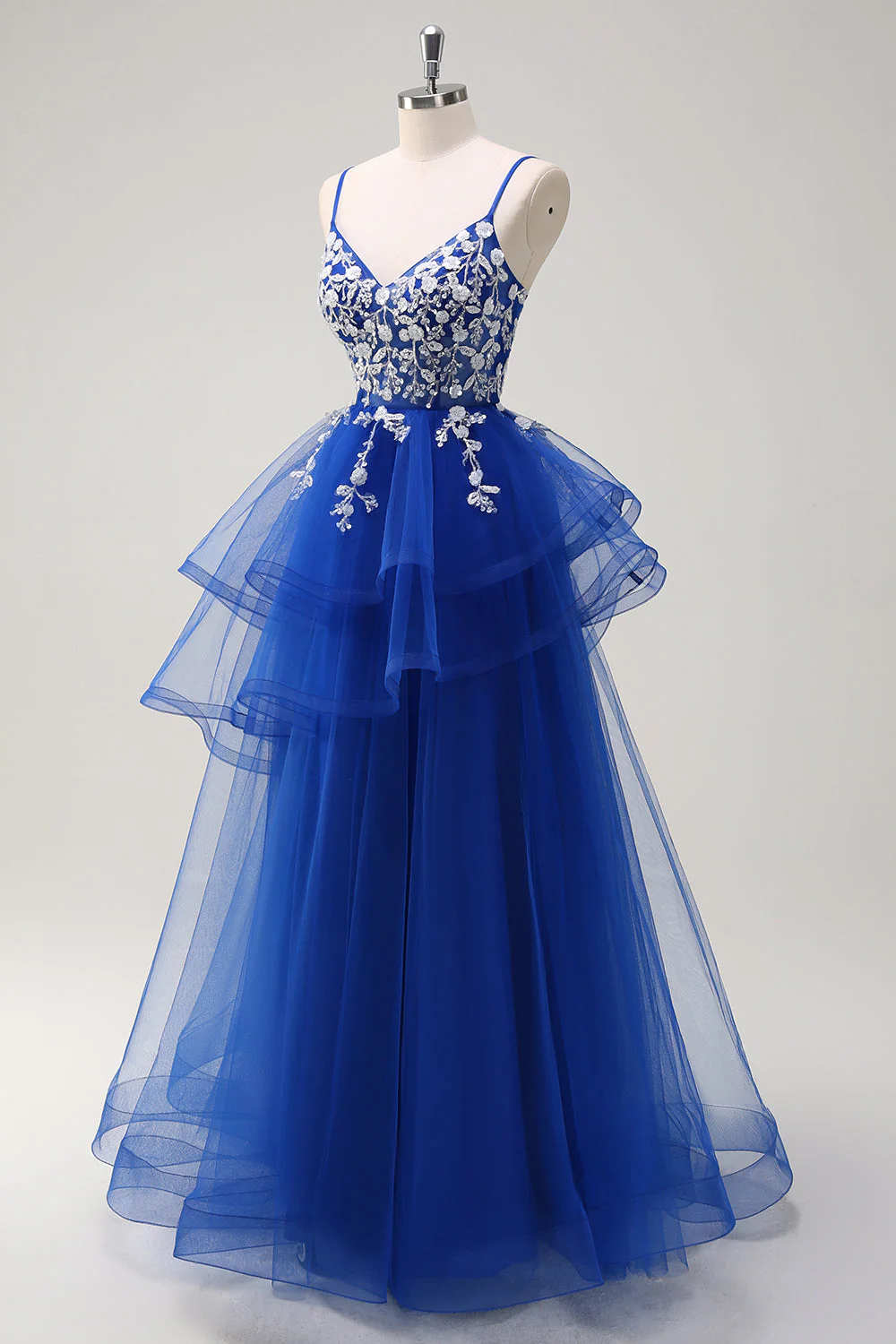 Robe de soirée longue à appliques bleu royal avec paillettes - Image 3