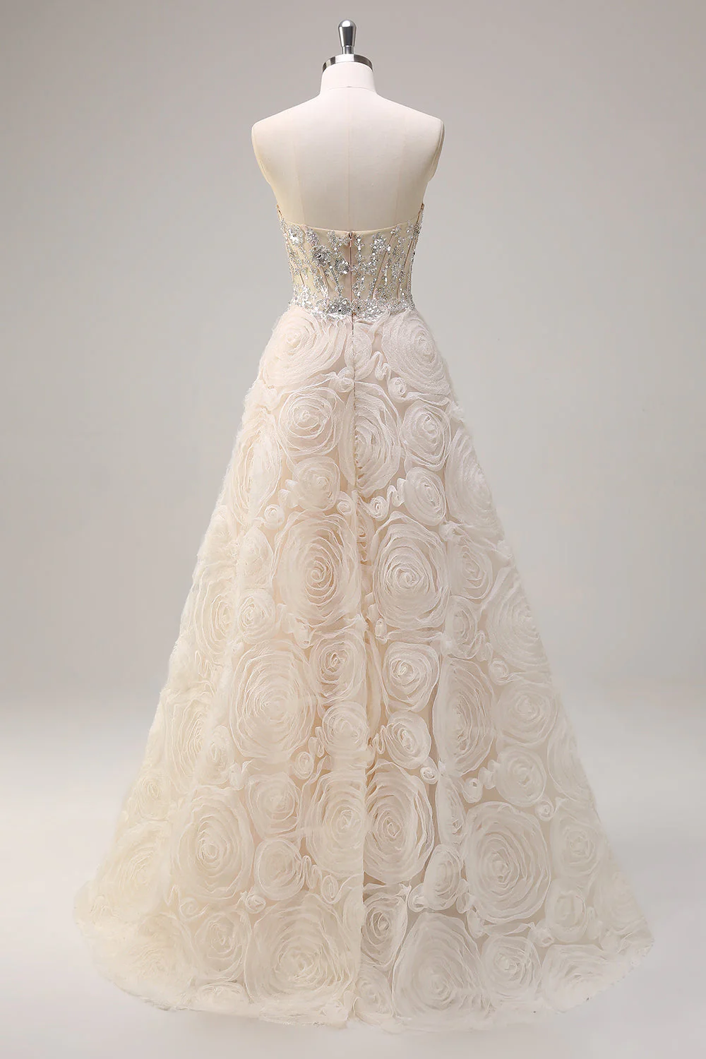 Robe de Soirée longue à bretelles corset floral sans bretelles champagne champagne clair avec paillettes - Image 2