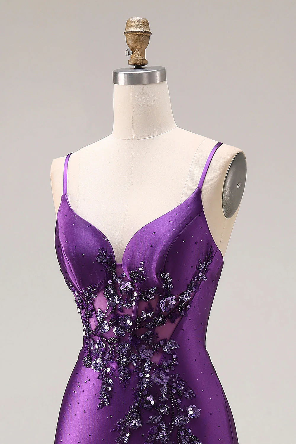 Robe de bal longue à bretelles de sirène violette appliquée avec fente - Image 6