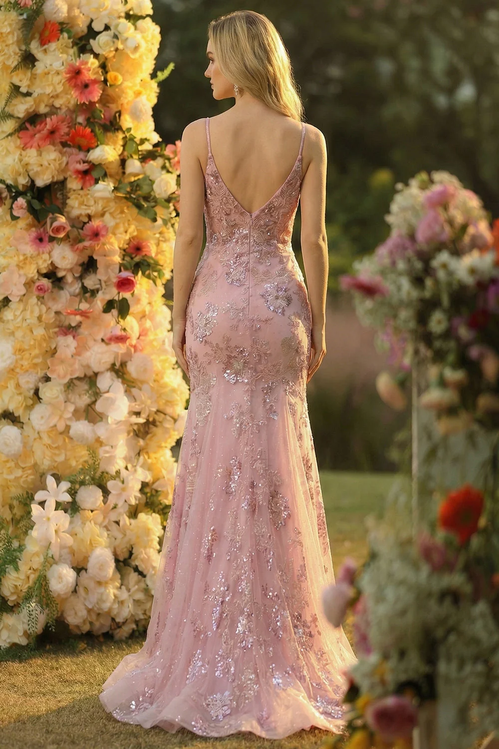 Robe de bal longue à bretelles fines de sirène à blush scintillant avec paillettes - Image 2