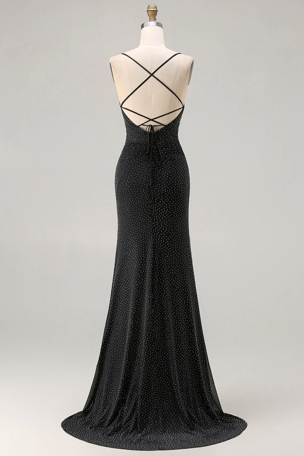 Robe de bal longue à bretelles fines de sirène noire scintillante avec fente - Image 2