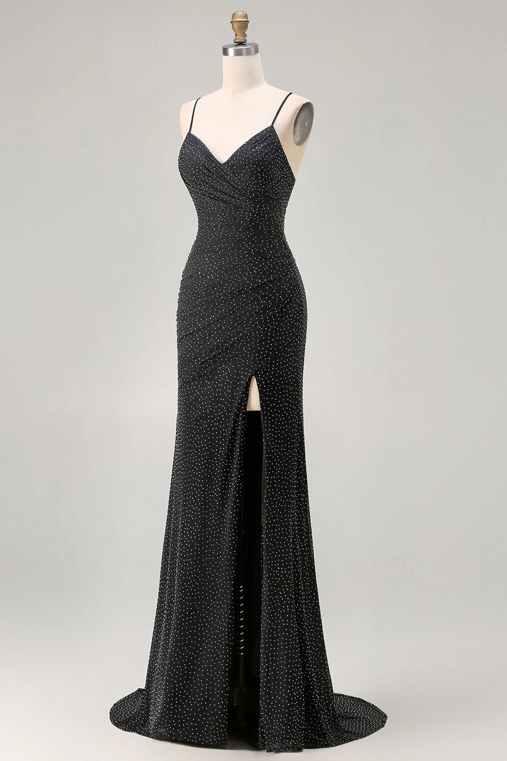 Robe de bal longue à bretelles fines de sirène noire scintillante avec fente - Image 3