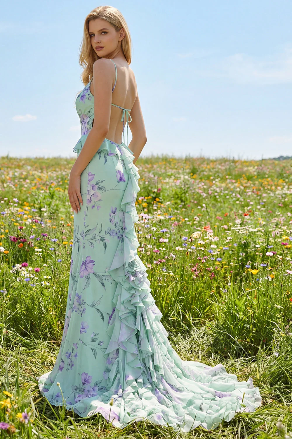 Robe de bal longue à bretelles fines en forme de fleur rose bleu rose - Image 13