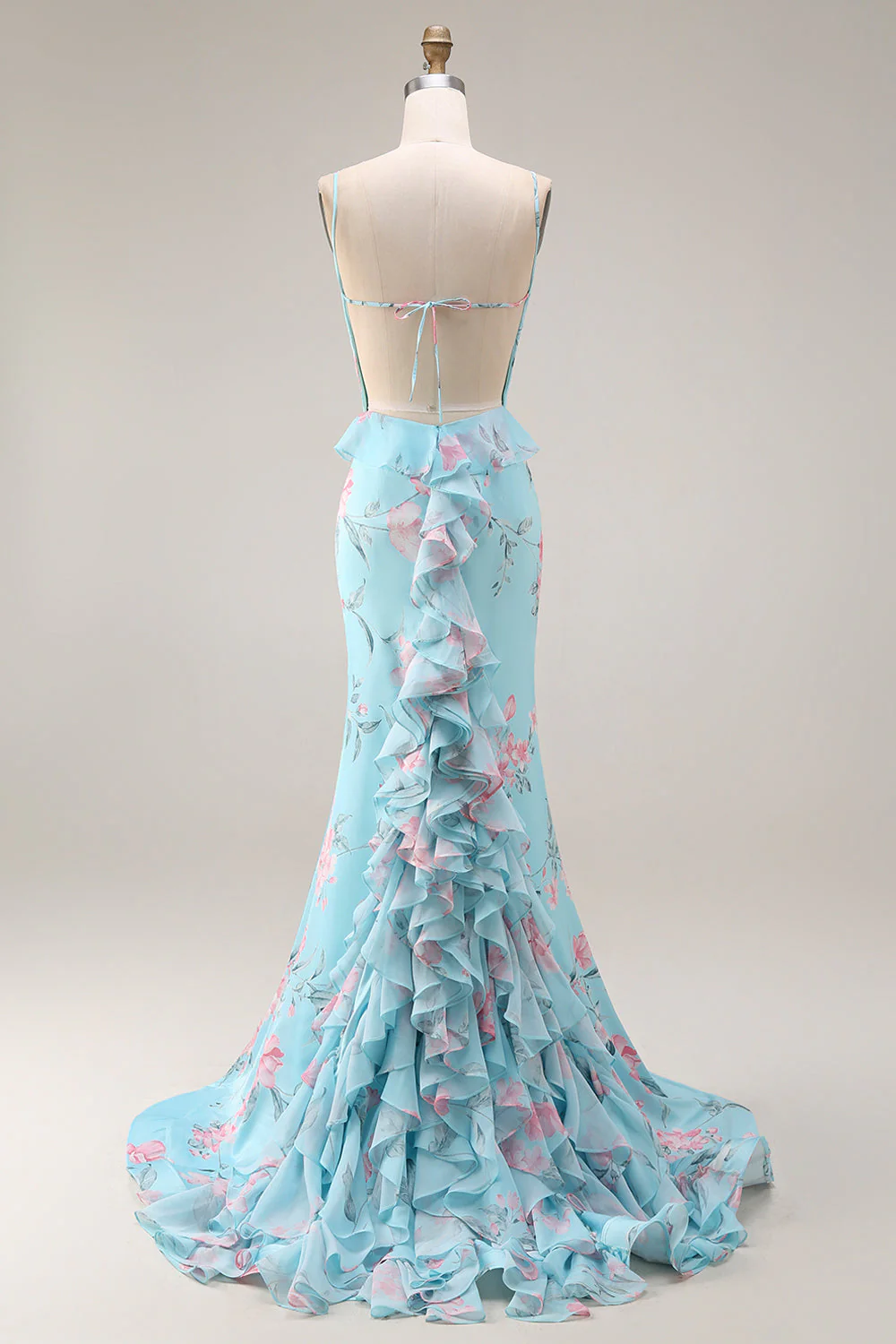 Robe de bal longue à bretelles fines en forme de fleur rose bleu rose - Image 2