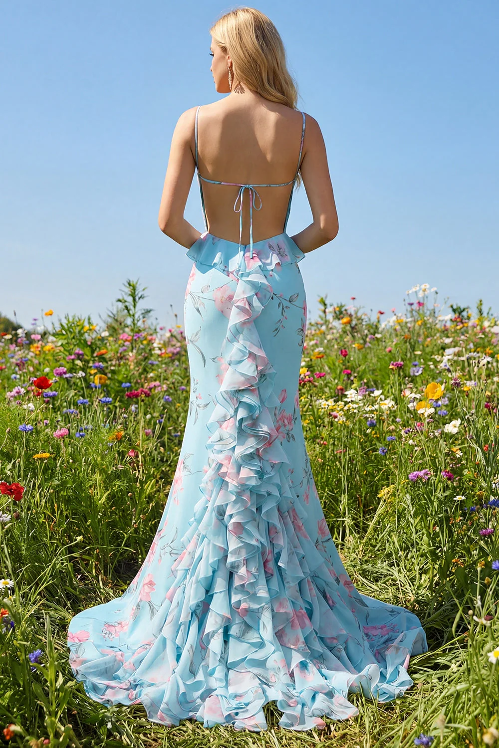 Robe de bal longue à bretelles fines en forme de fleur rose bleu rose - Image 5