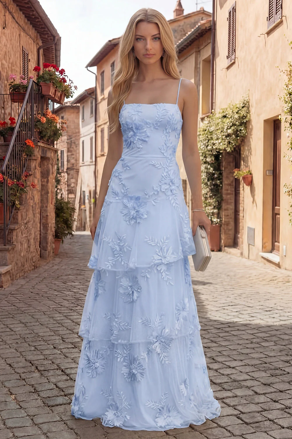 Robe de soirée longue à bretelles fines jaune en ligne A avec broderies florales - Image 6
