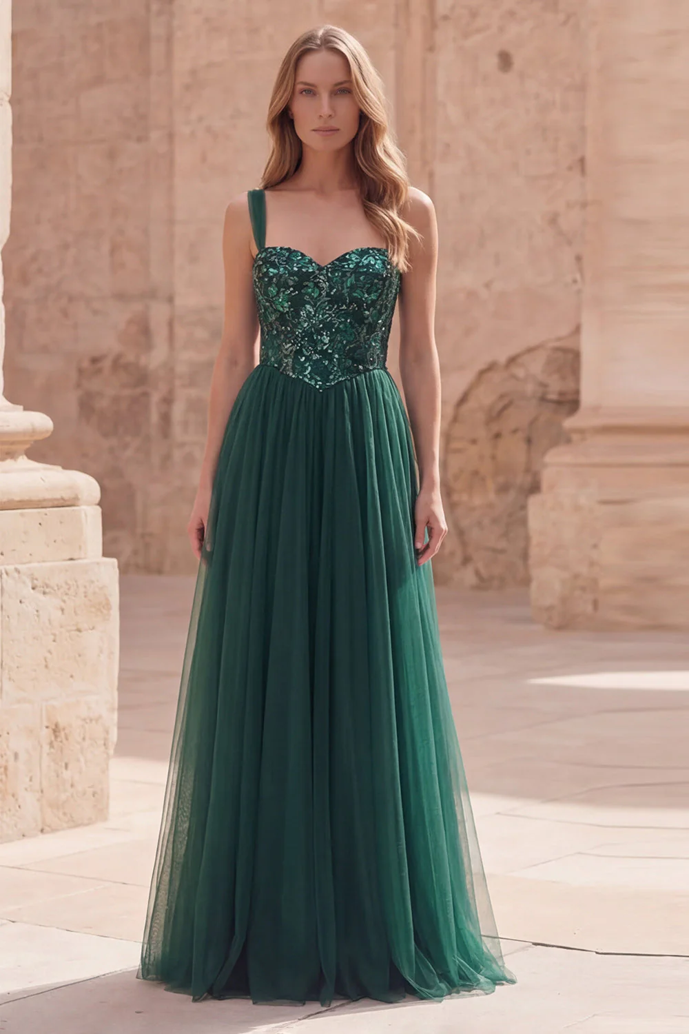 Robe de bal longue à bretelles fines vert foncé A Line