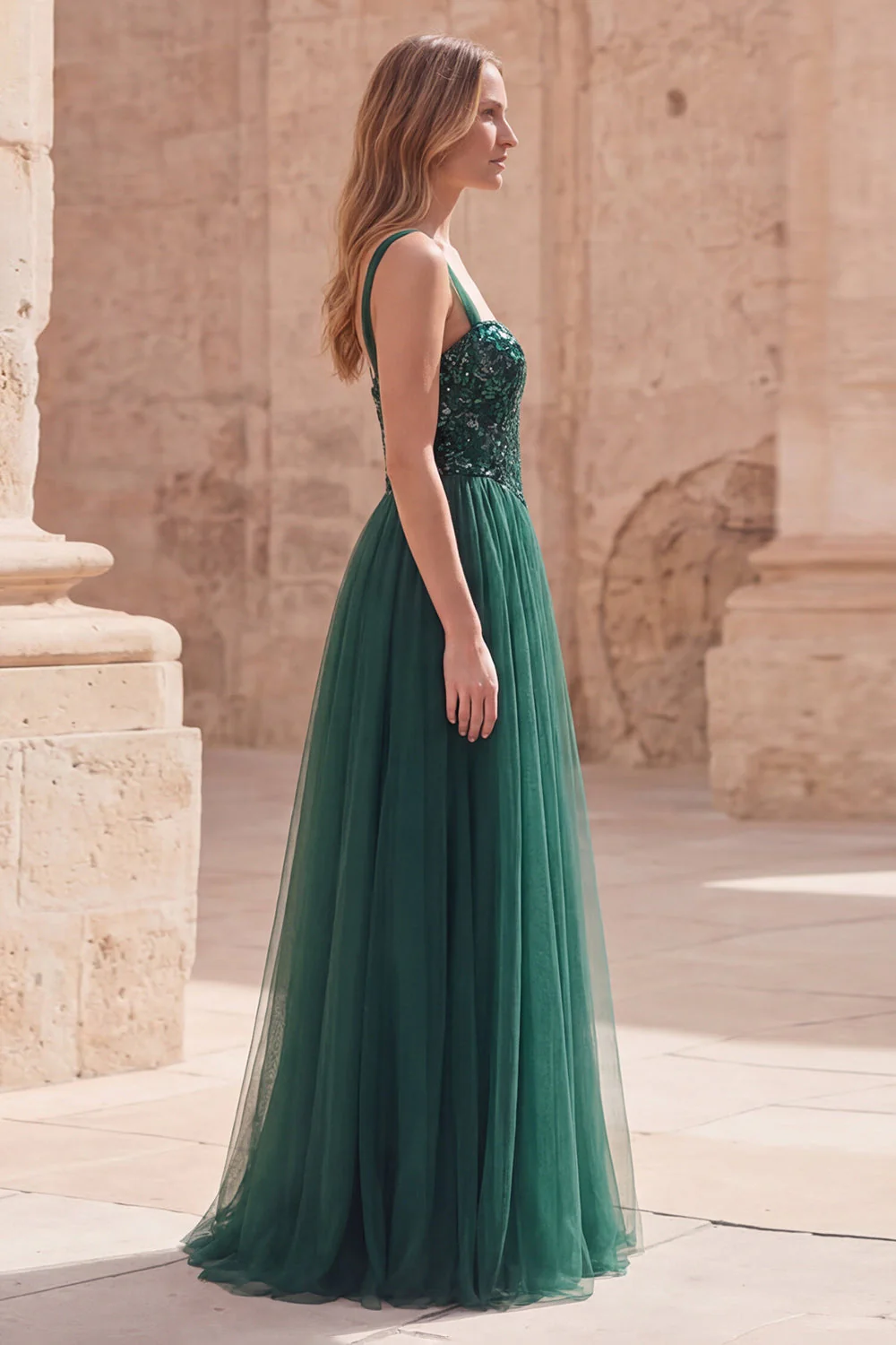 Robe de bal longue à bretelles fines vert foncé A Line - Image 3