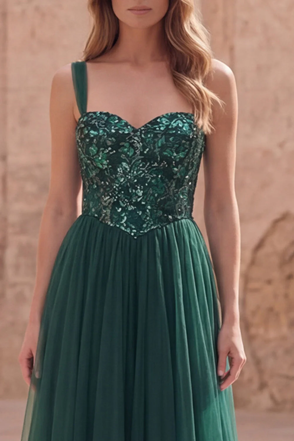 Robe de bal longue à bretelles fines vert foncé A Line - Image 4