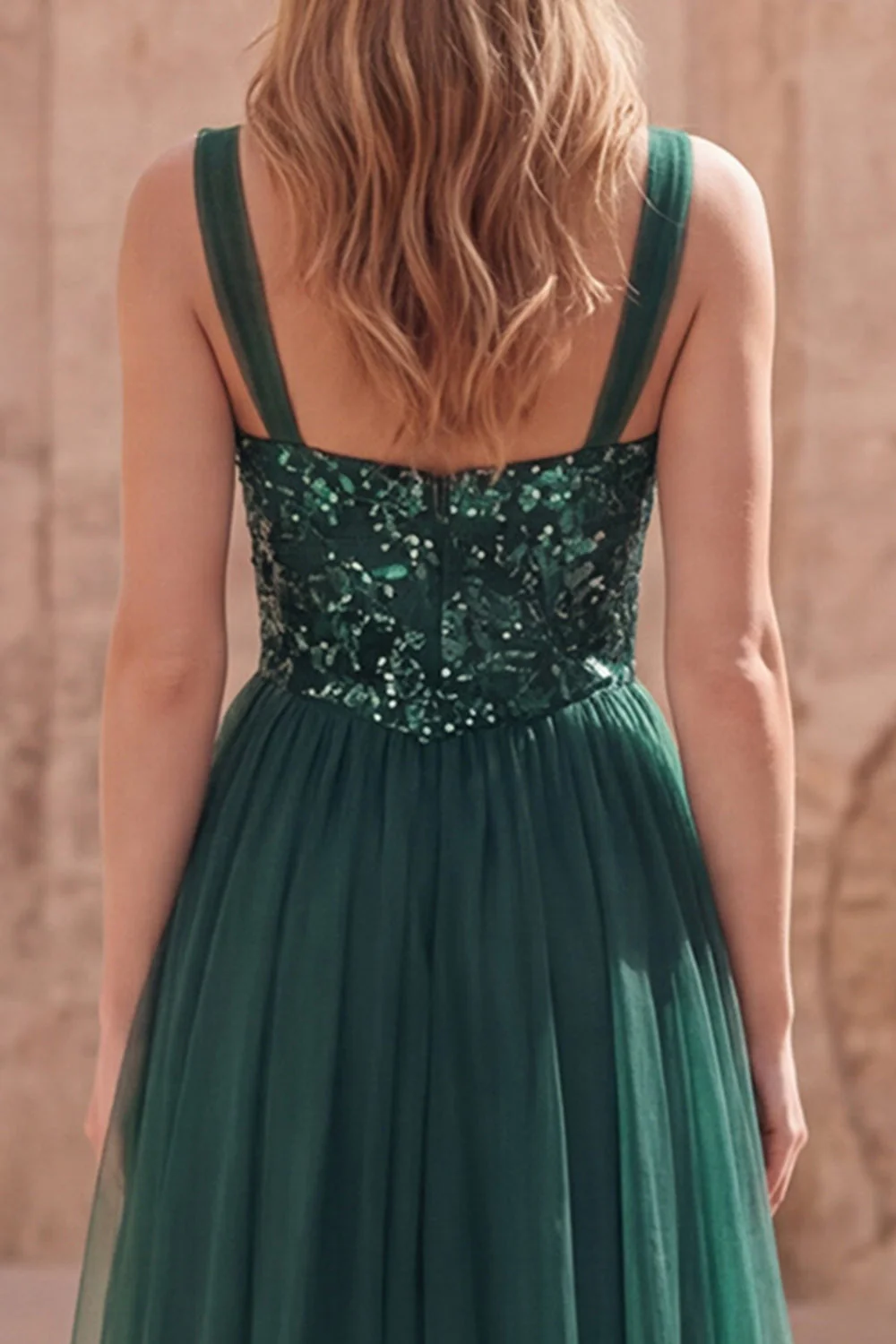 Robe de bal longue à bretelles fines vert foncé A Line - Image 5