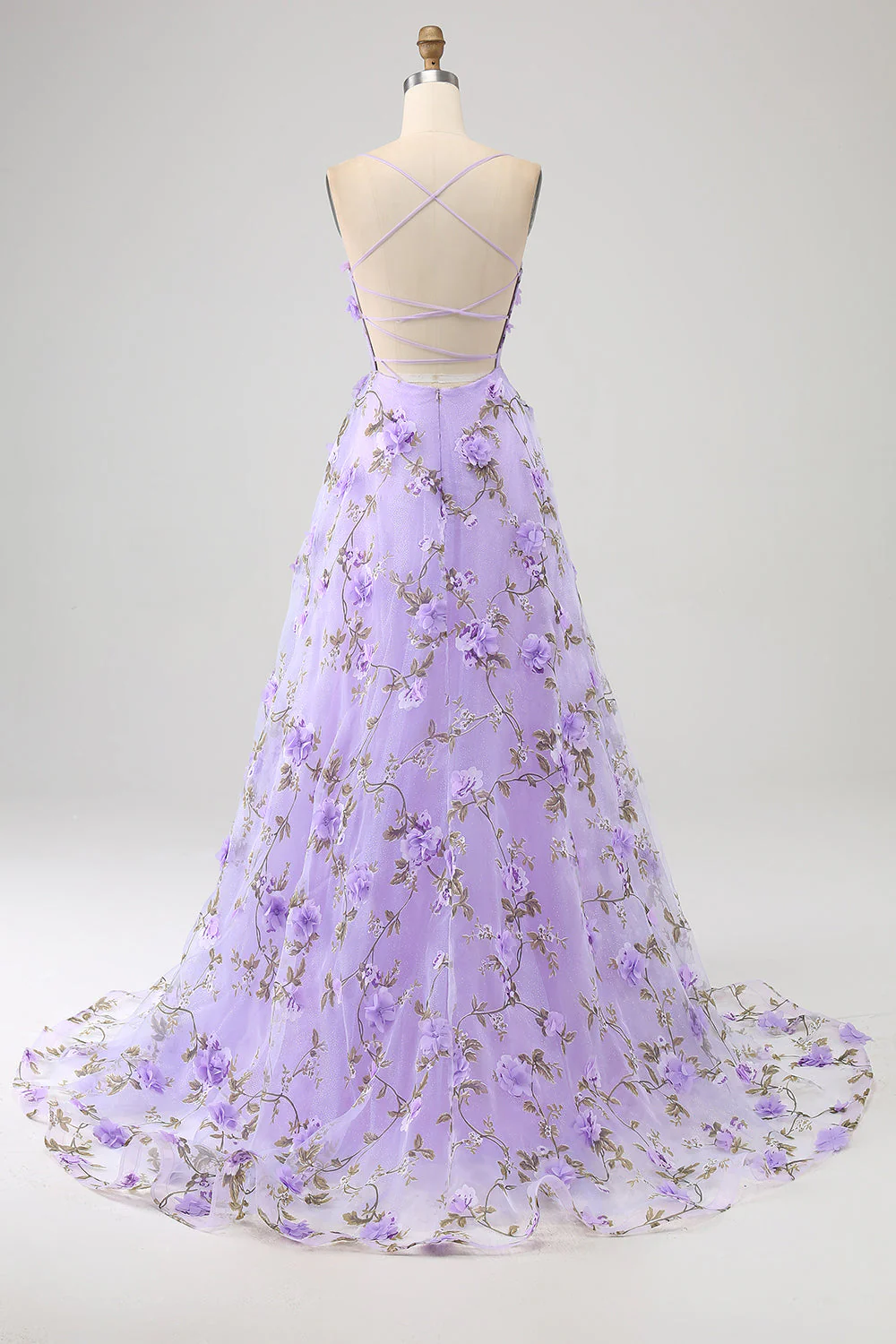 Robe de soirée longue à bretelles spaghetti A-Line lilas avec fleurs 3D - Image 2