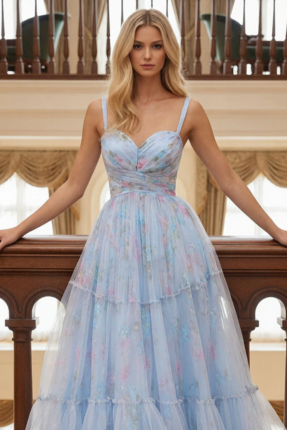 Robe de bal longue à bretelles spaghetti bleu floral A Line - Image 3