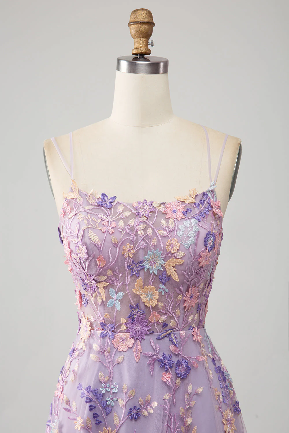 Robe de soirée longue à bretelles spaghetti mauve A-Line avec appliques - Image 4