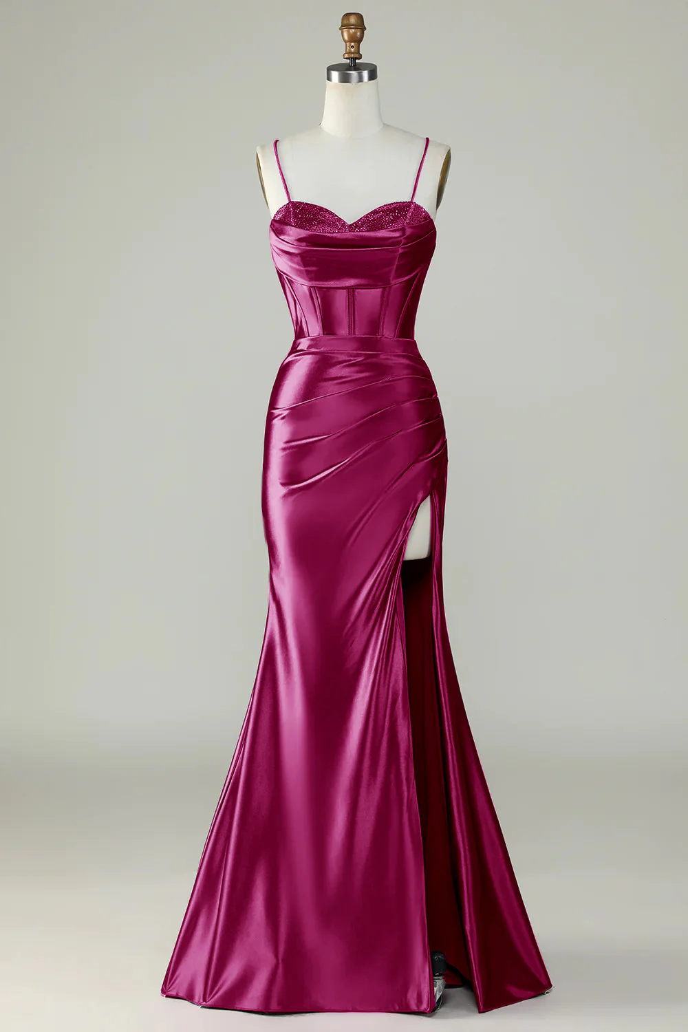 Robe de bal longue à bretelles spaghetti sirène bleu royal avec fente - Image 14