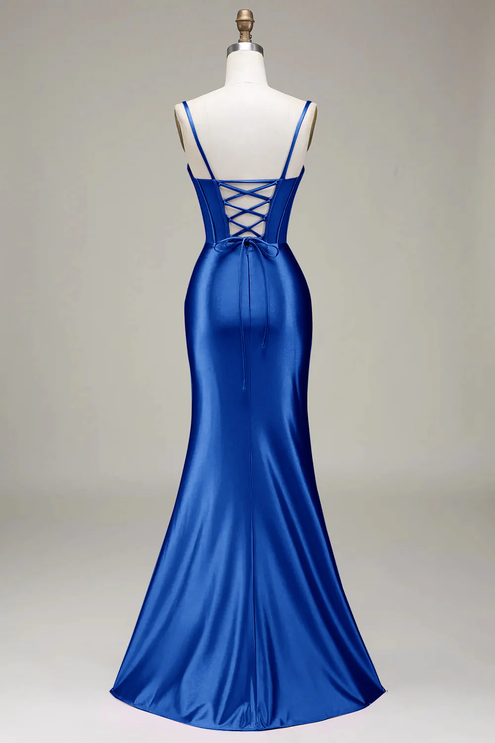 Robe de bal longue à bretelles spaghetti sirène bleu royal avec fente - Image 2