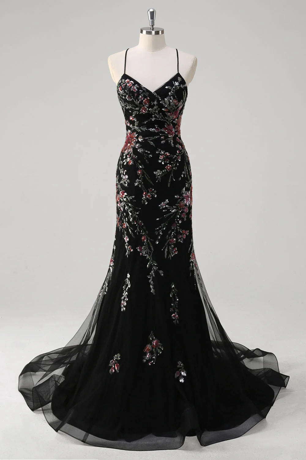 Robe de soirée longue noire sirène à bretelles spaghetti avec paillettes