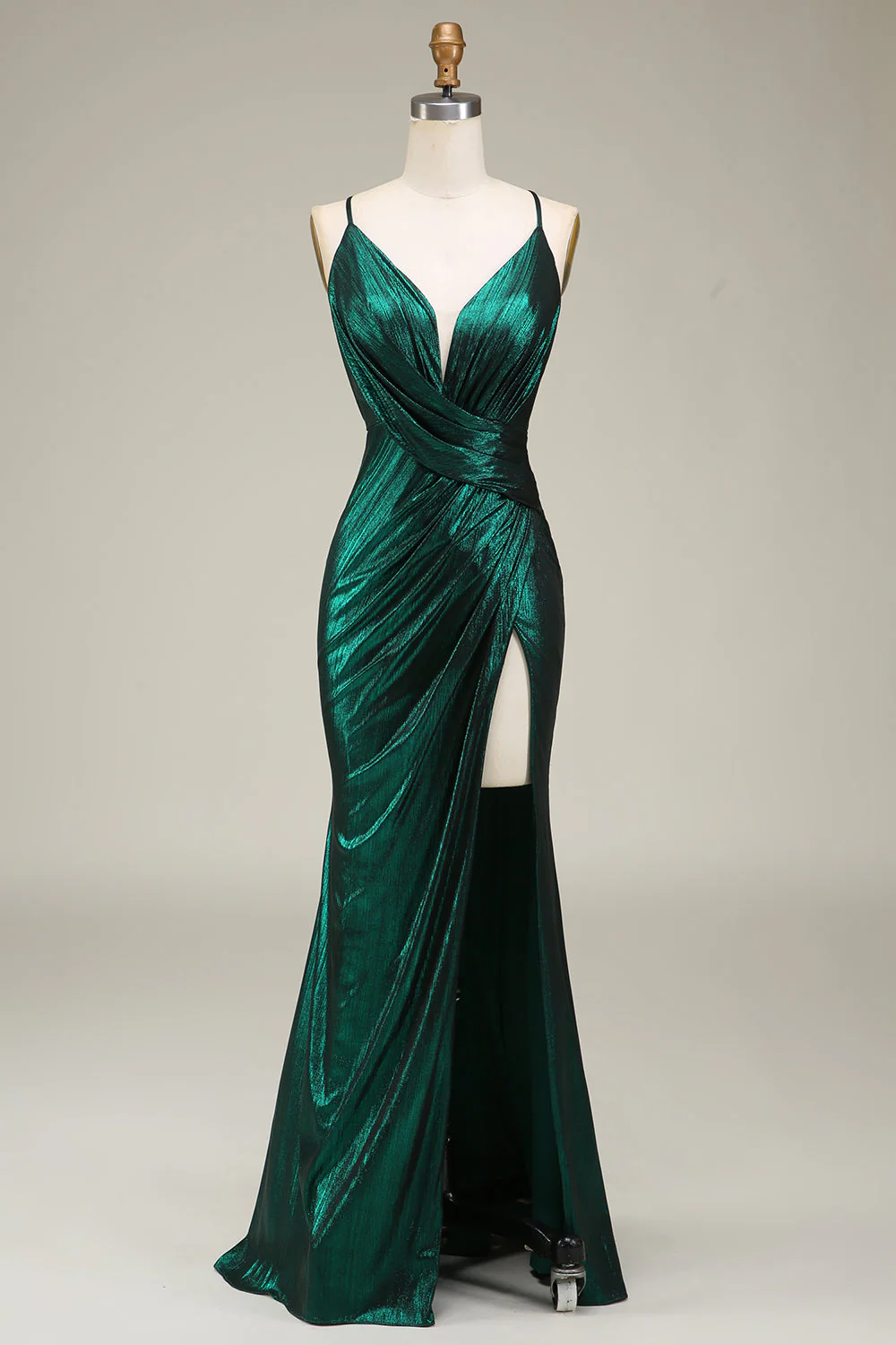 Robe De Soirée longue à bretelles spaghetti sirène vert foncé avec dos ouvert - Image 3