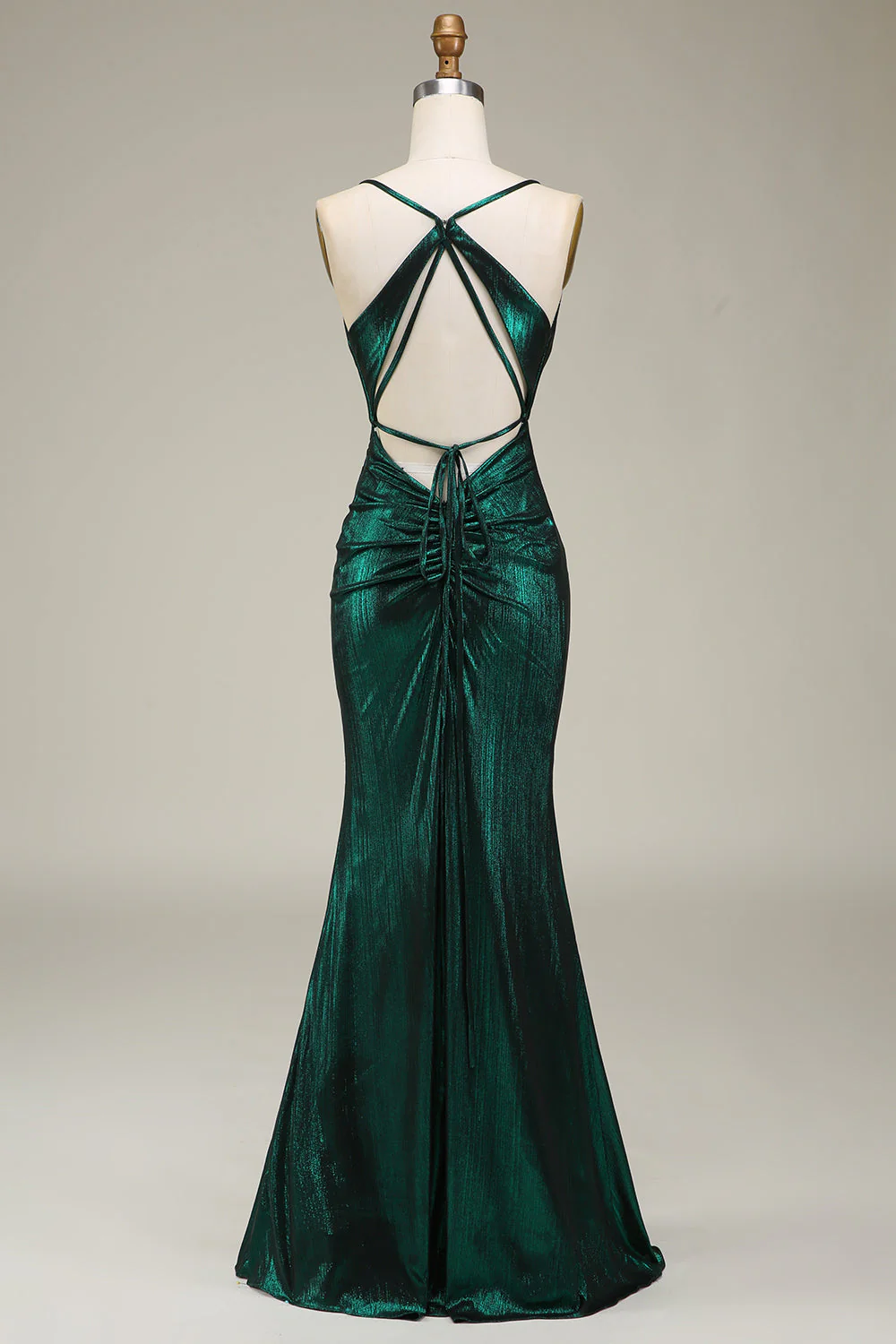 Robe De Soirée longue à bretelles spaghetti sirène vert foncé avec dos ouvert - Image 4
