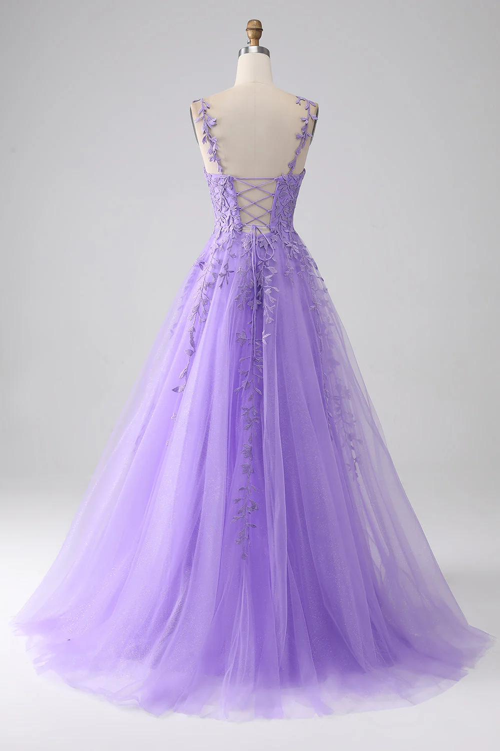 Robe de soirée longue à bretelles spaghetti trapèze lilas avec appliques - Image 2