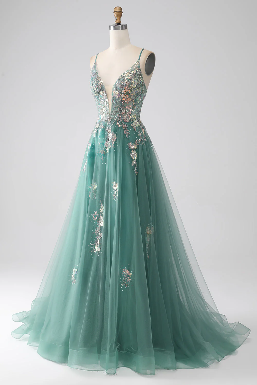 Robe de soirée longue à bretelles spaghetti trapèze verte avec appliques à paillettes scintillantes - Image 5
