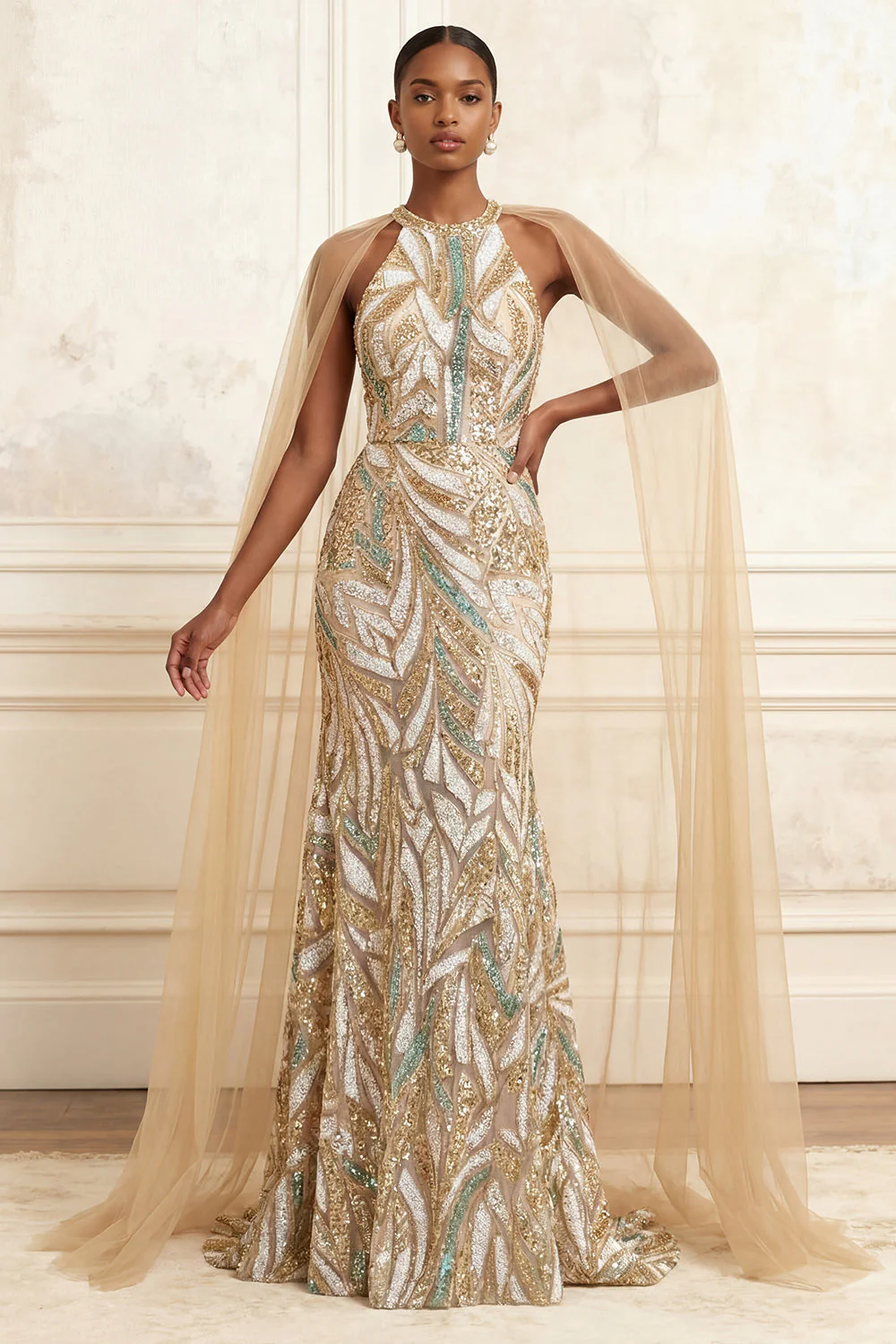 Robe de bal longue à col nu en champagne sirène scintillante à col nu et paillettes