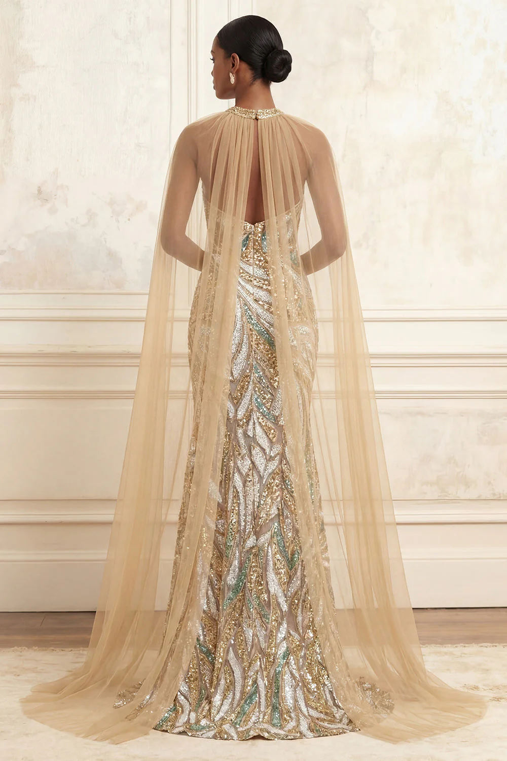 Robe de bal longue à col nu en champagne sirène scintillante à col nu et paillettes - Image 2